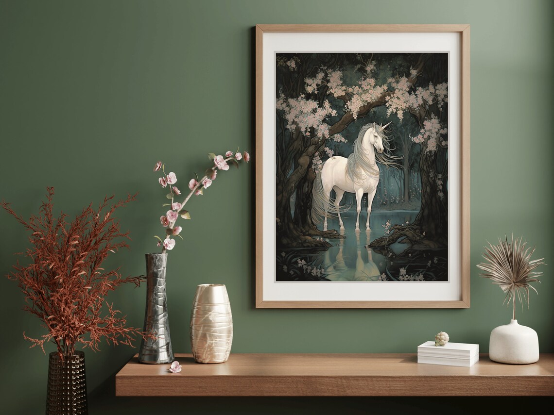 White Unicorn Moonlit Forest Pond Blossom Trees Fantasy Painting Poster - Image 3