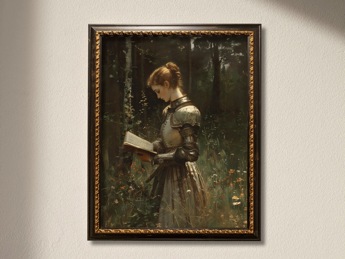 Lady Knight Reading A Book In A Sunlit Forest Meadow Wall Art - Image 2