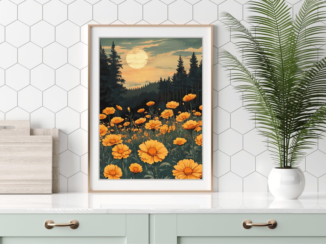Marigold Meadow Wildflowers Under A Glowing Moon Forest Night Poster - Image 5