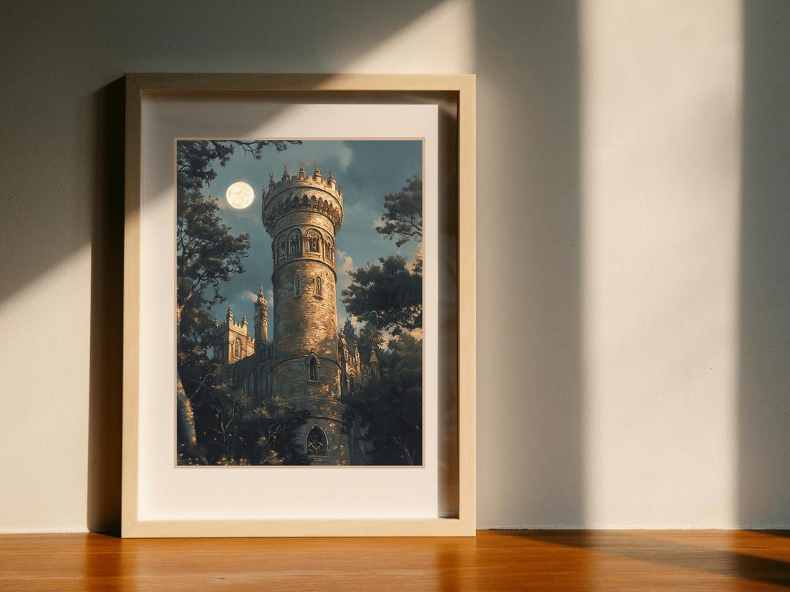 Moonlit Castle Tower Rising Above Dark Forest Trees Fantasy Poster - Image 6