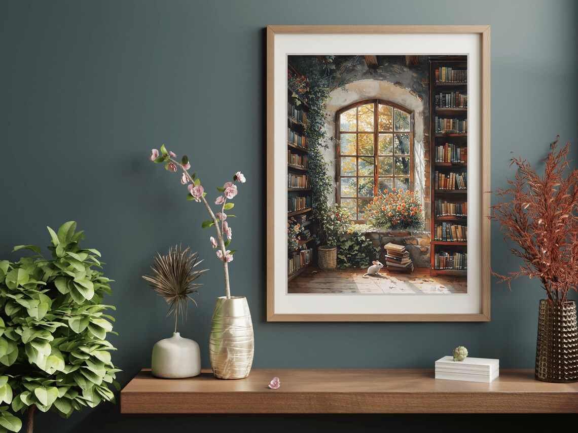 White Mouse Cottage Library Arched Window Stone Wall Bookish Painting Poster - Image 2