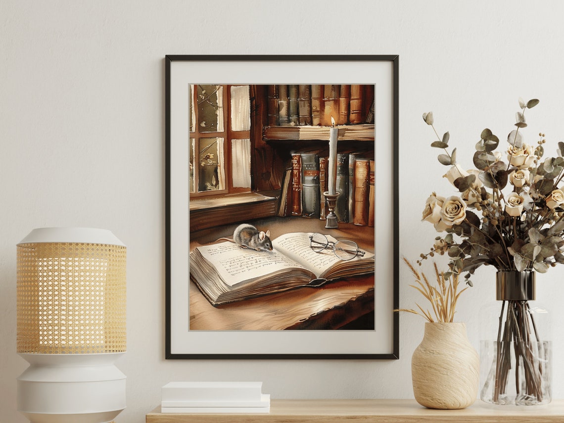 Cozy Mouse Reading An Open Book By Candlelight Book Nook Print - Image 5