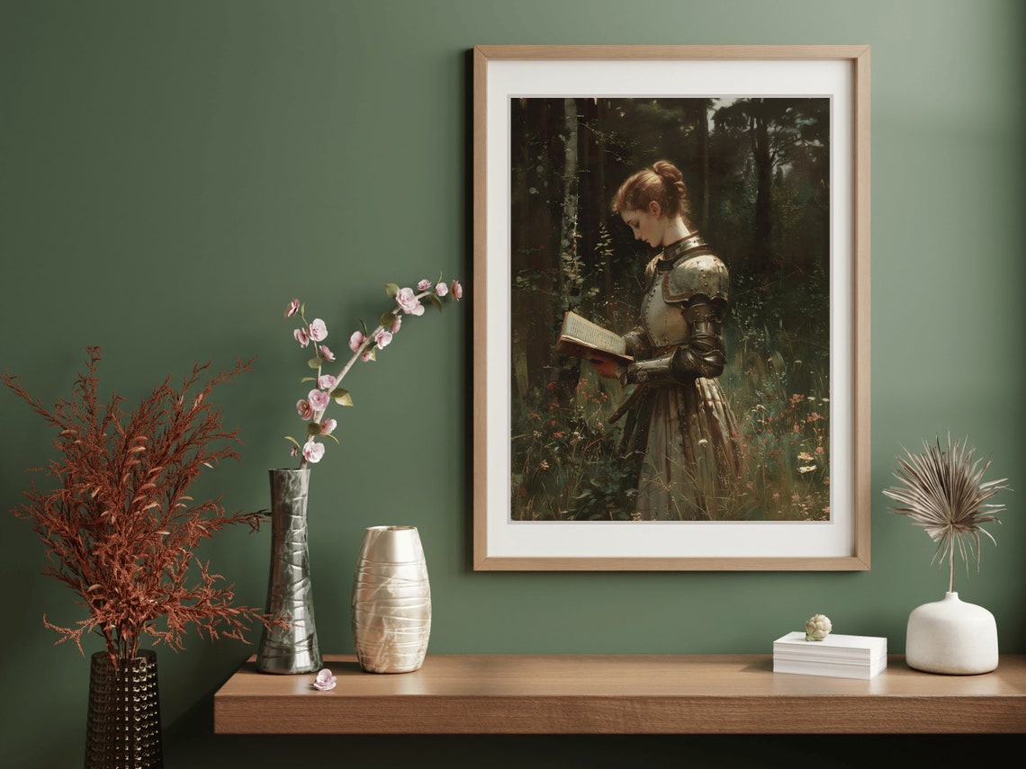 Lady Knight Reading A Book In A Sunlit Forest Meadow Wall Art - Image 5