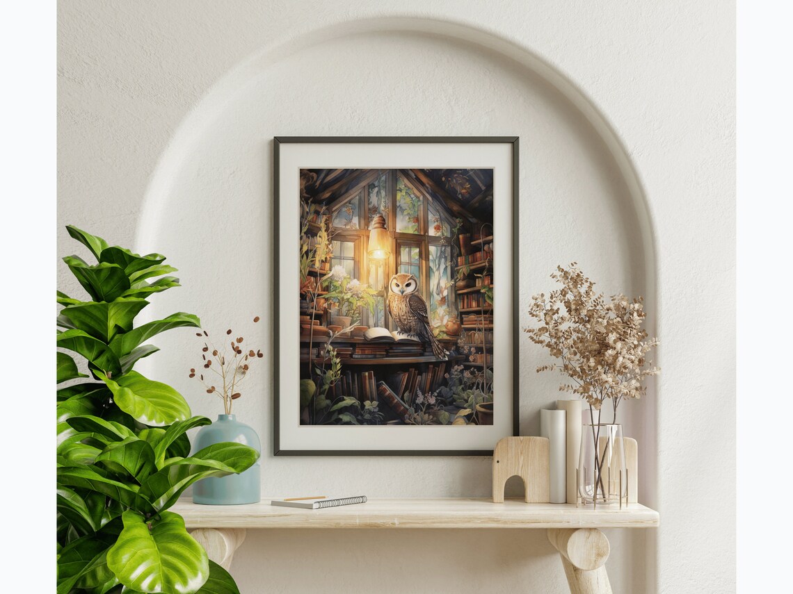 Owl Cozy Greenhouse Library Books Plants Warm Lamp Bird Painting Poster - Image 5