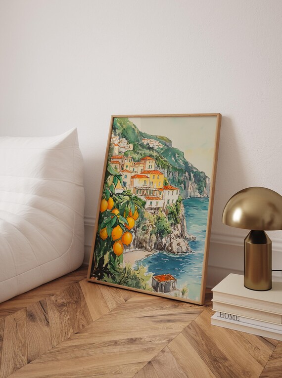 Amalfi Coast Watercolor Poster With Lemon Trees Italy Cliffside Sea View