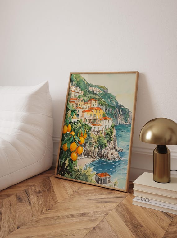 Amalfi Coast Watercolor Print Lemon Tree Cliffside Art