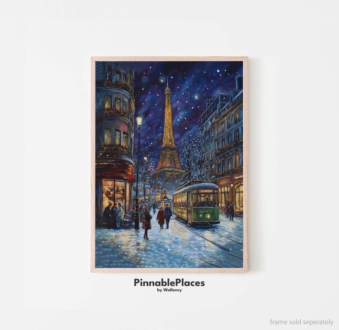 Eiffel Tower Christmas Print Snowy Paris Night Street Holiday Scene