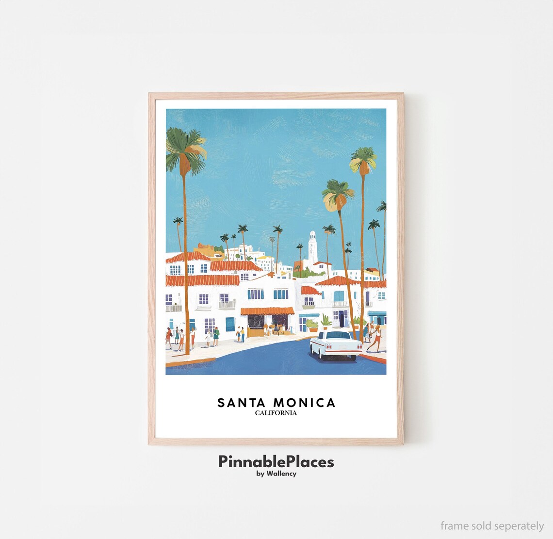 Santa Monica California Vintage Palms Street Scene Travel Poster
