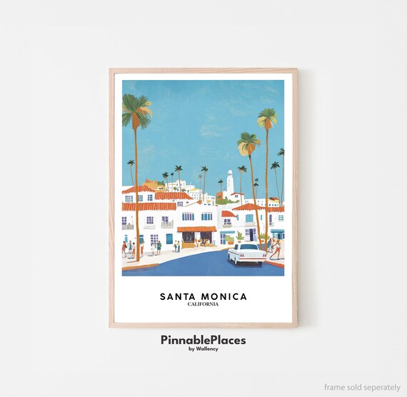 Santa Monica California Vintage Palms Street Scene Travel Poster