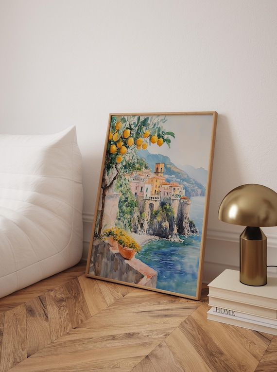 Amalfi Coast Italy Watercolor Lemon Tree Cliffside Town Art Poster