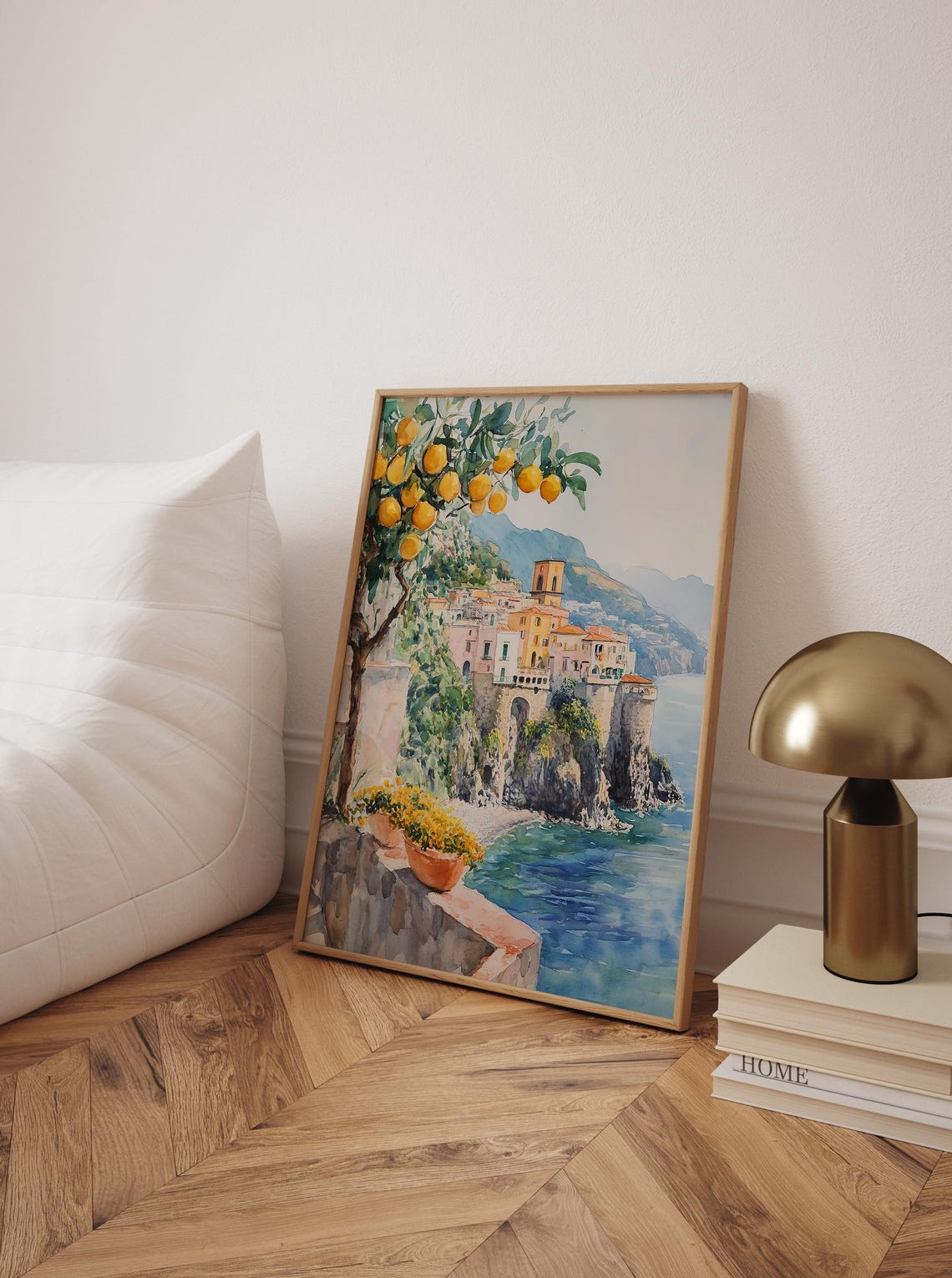 Amalfi Coast Italy Watercolor Lemon Tree Cliffside Town Art Poster