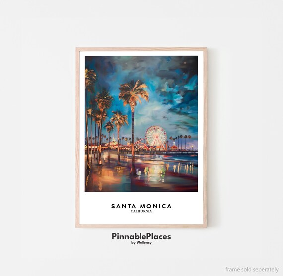 Santa Monica California Pier Night Painting Ferris Wheel Beach Poster