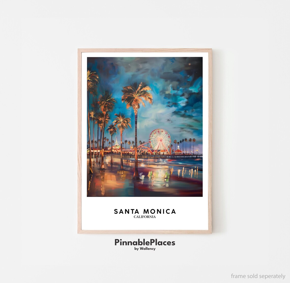 Santa Monica California Pier Night Painting Ferris Wheel Beach Poster