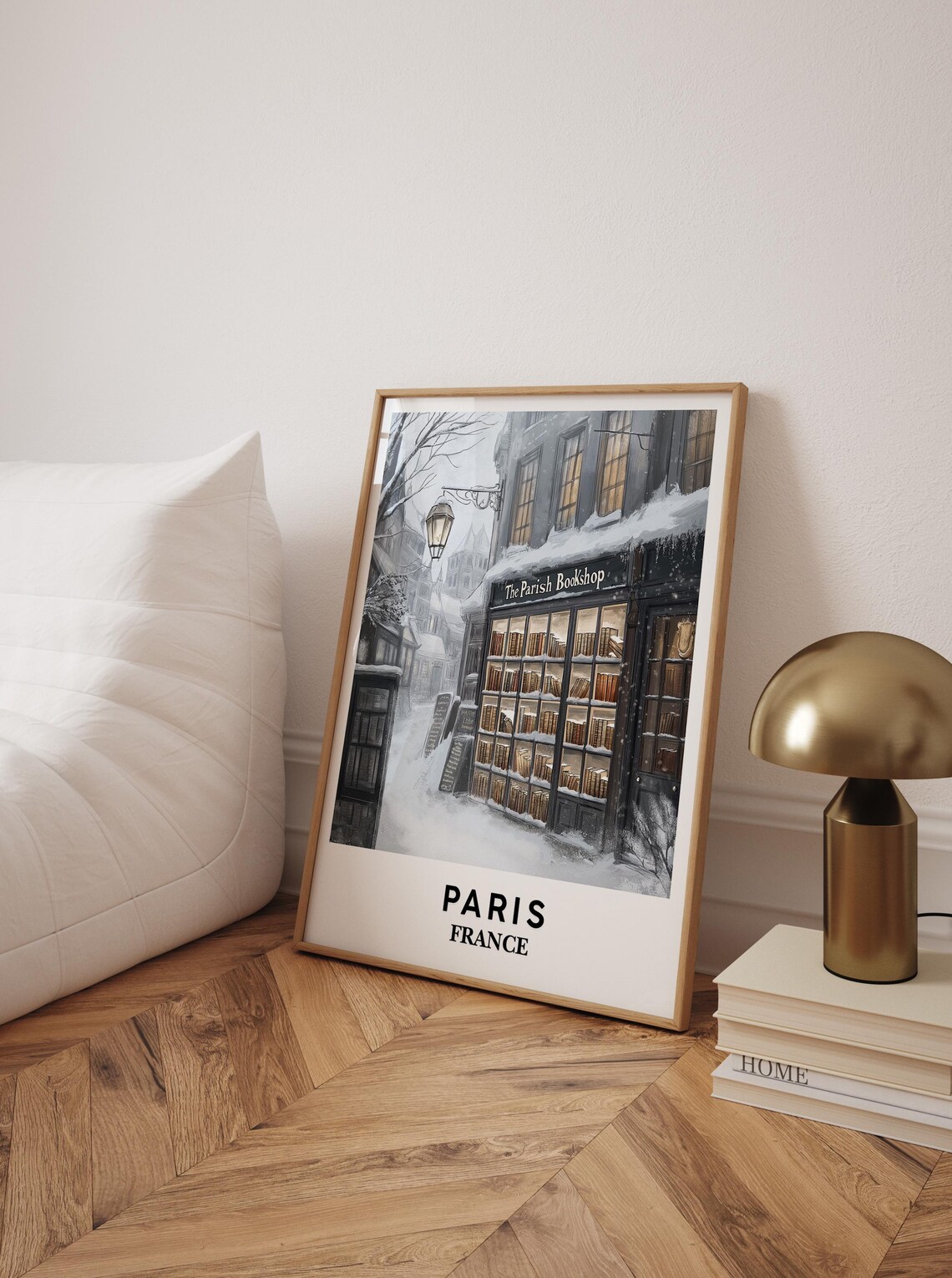 Winter Paris Bookshop Cozy Snowy Scene France Travel Wall Art