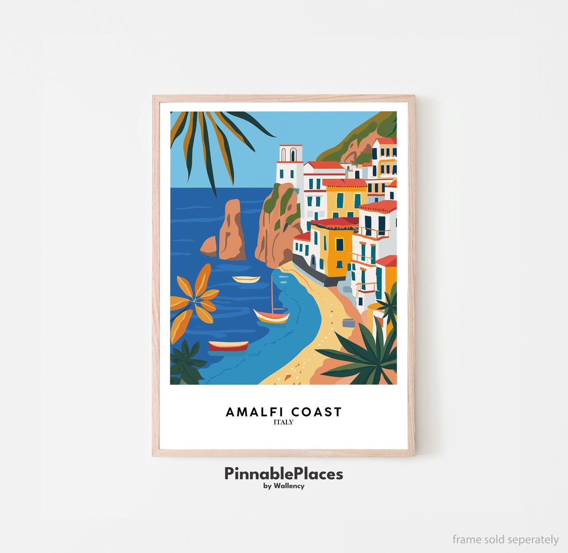 Amalfi Coast Italy Cliffside Village Boats Flat Vector Art Poster