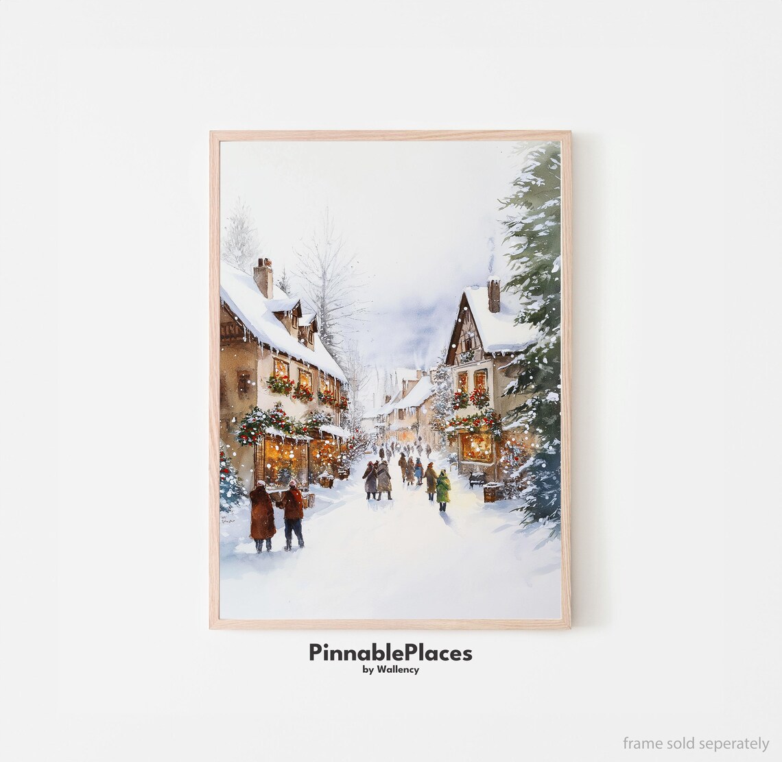 Snowy Christmas Village Street Watercolor Winter Decor Poster