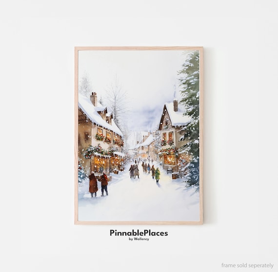 Snowy Christmas Village Street Watercolor Winter Decor Poster