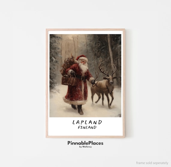 Vintage Santa Claus With Reindeer Lapland Finland Christmas Poster