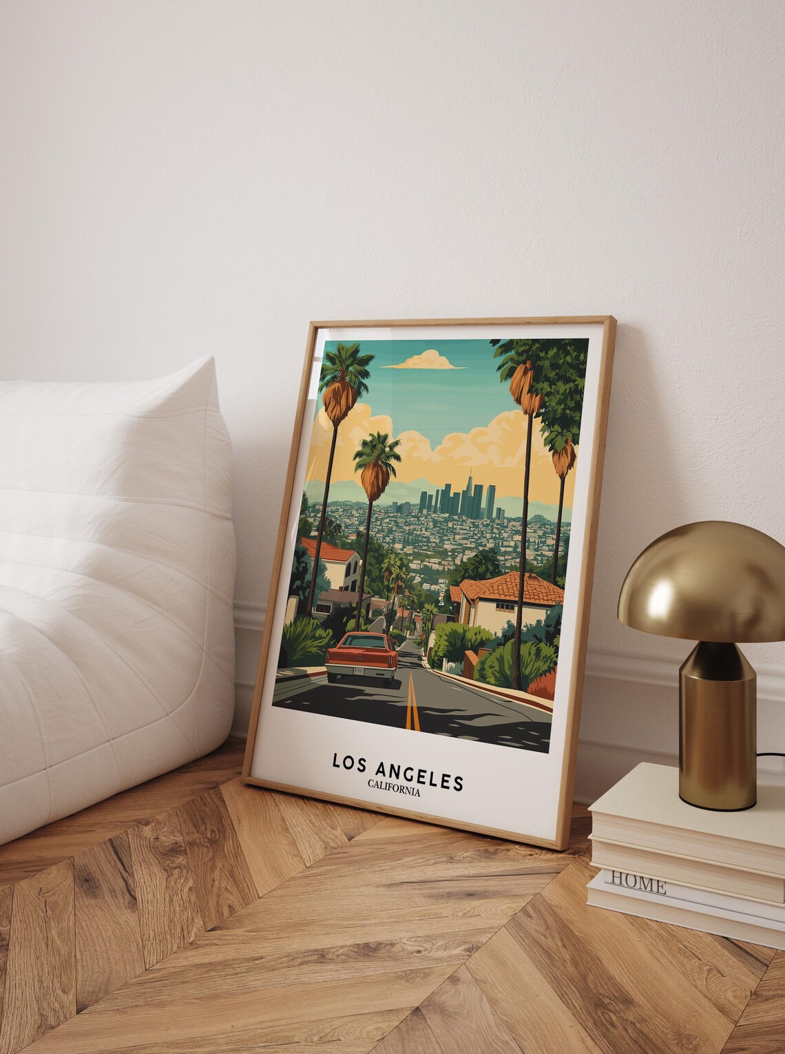 Los Angeles California Retro Travel Print With Red Car And Palm Trees