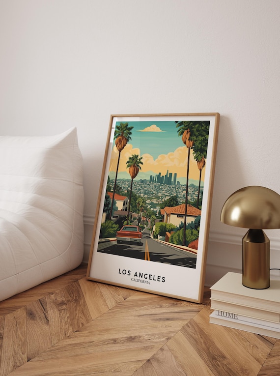 Los Angeles California Retro Travel Print With Red Car And Palm Trees