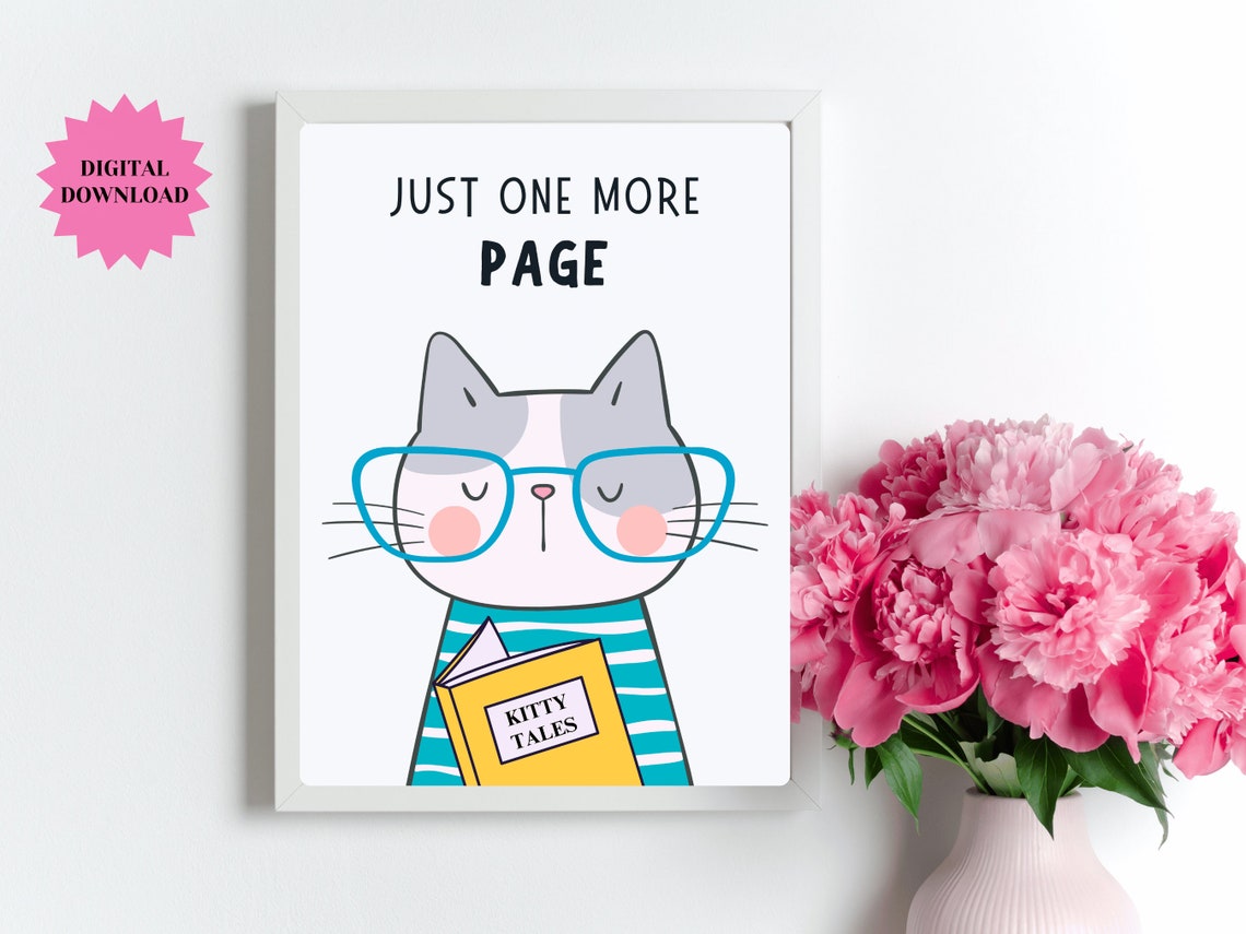 Just One More Page Cute Cat Reading Glasses Kitty Tales Book Poster - Image 3