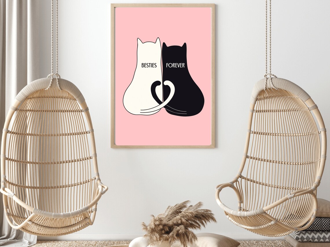 Besties Forever Cat Silhouette Pink Friendship Gift Wall Poster - Image 2