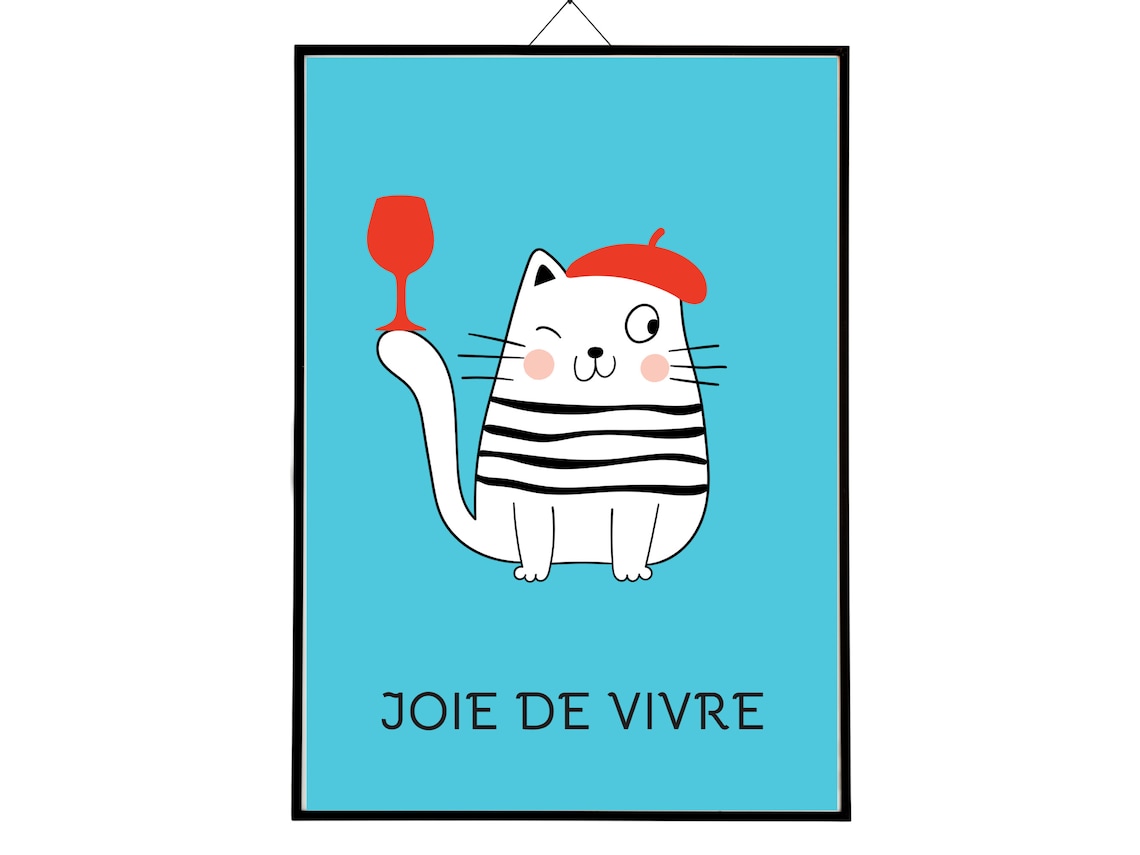 Joie De Vivre French Cat Beret Wine Glass Fun Cat Lover Poster