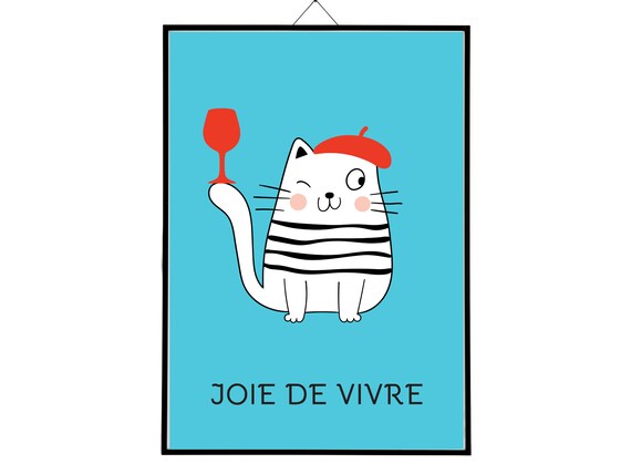 Joie De Vivre French Cat Beret Wine Glass Fun Cat Lover Poster