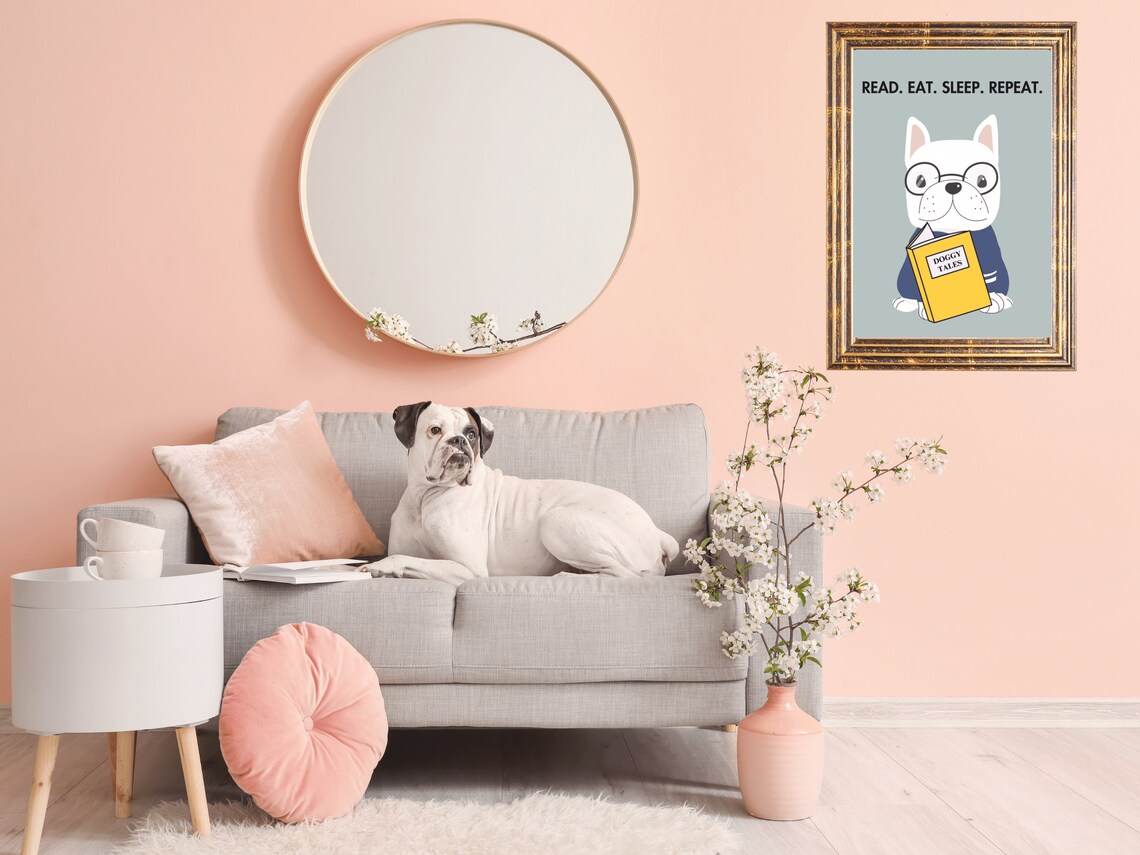 Read Eat Sleep Repeat Cute Bulldog Reading Doggy Tales Book Poster - Image 2