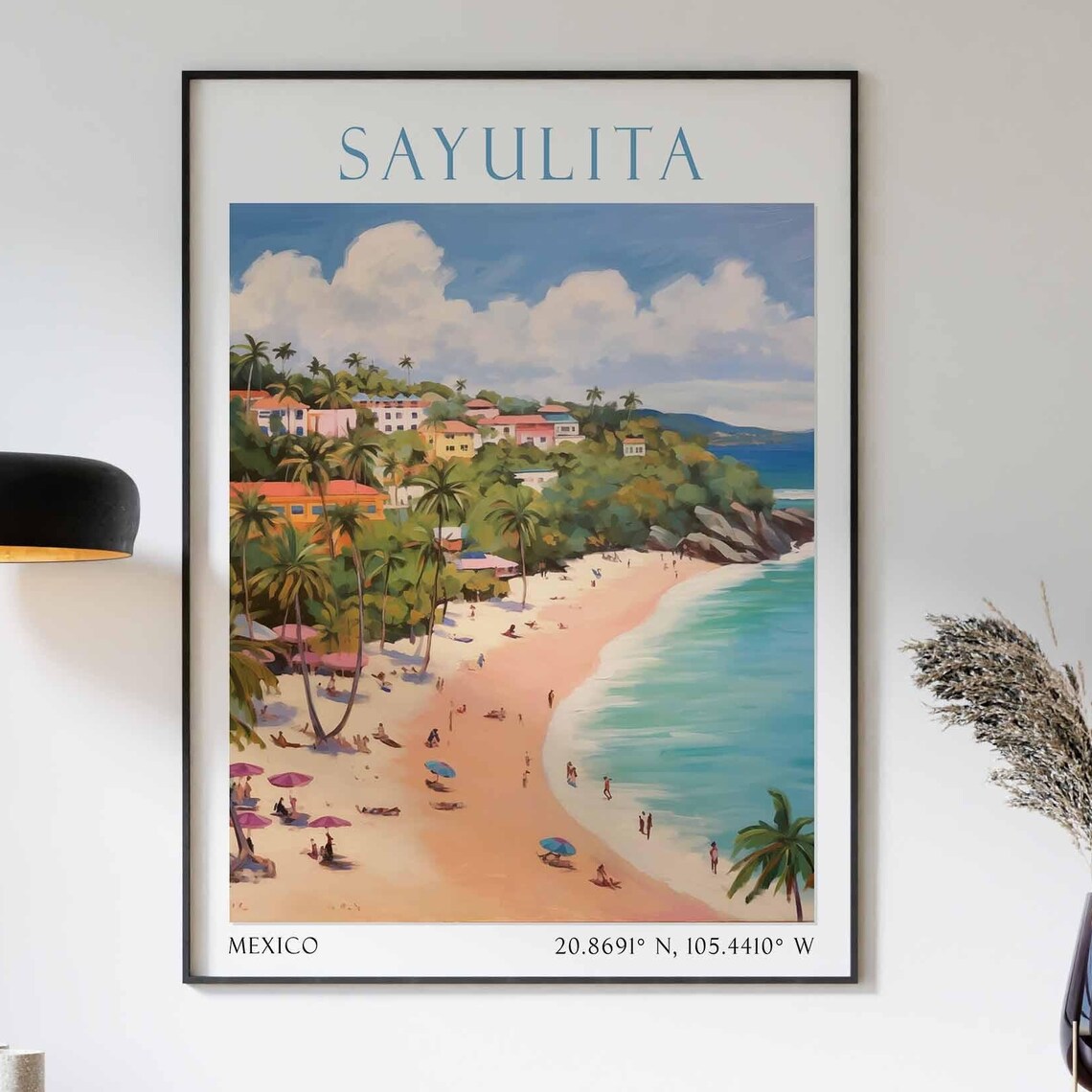 Sayulita Mexico Beach Palm Umbrellas Hillside Village Poster