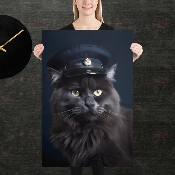 Police Cat Cute Black Fluffy Cat Portrait Funny Officer Cap Poster