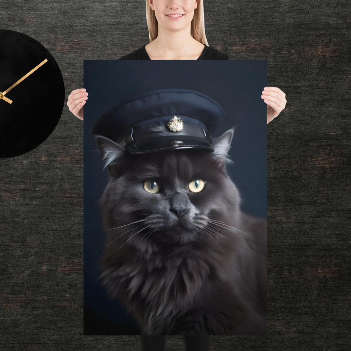 Police Cat Cute Black Fluffy Cat Portrait Funny Officer Cap Poster
