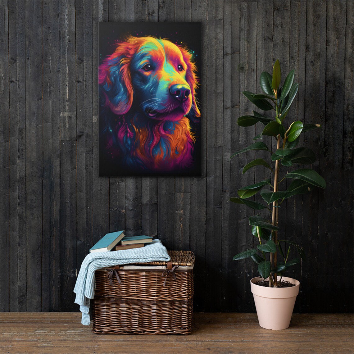 Rainbow Dog Portrait Vibrant Pop Art Flowing Fur Happy Pet Poster