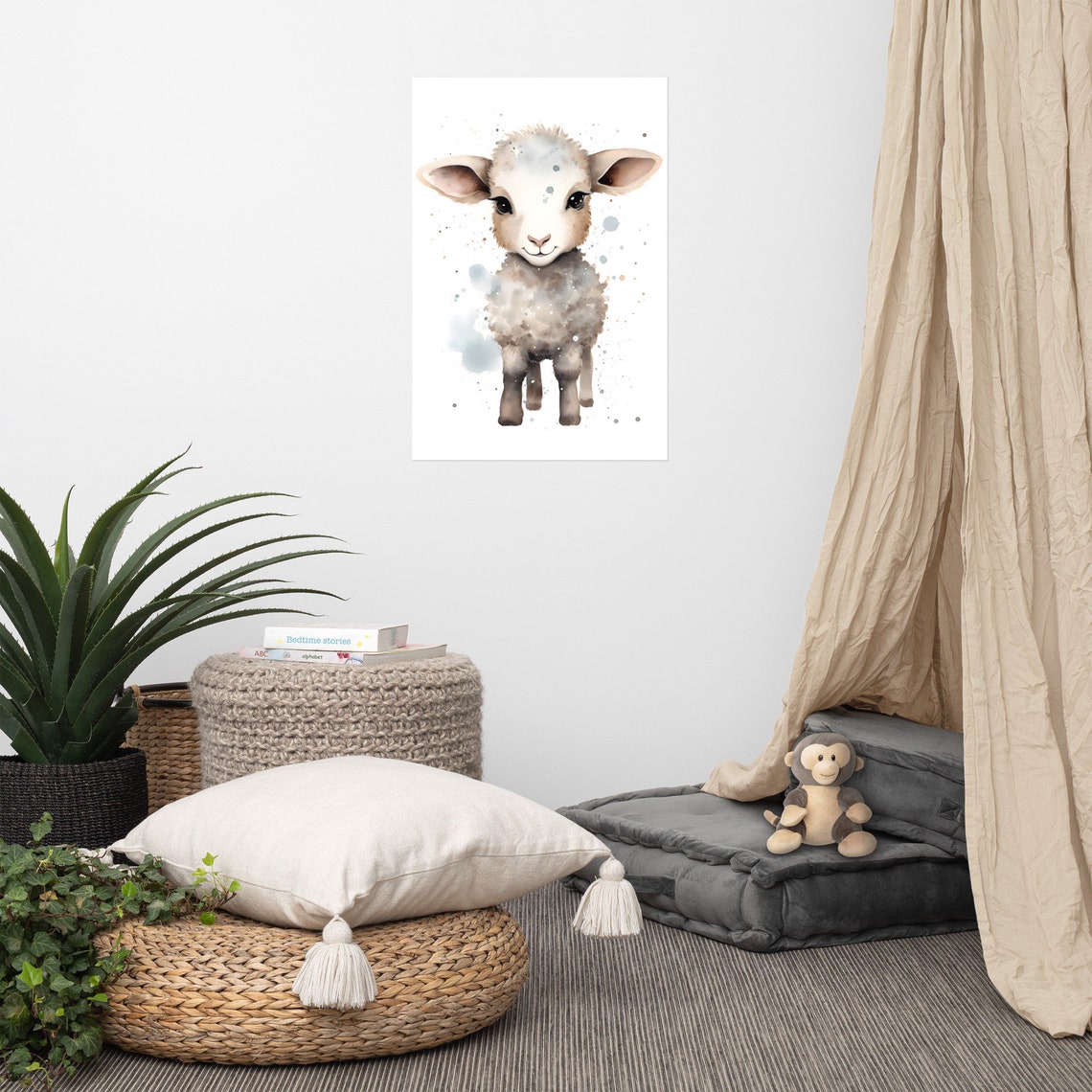 Cute Baby Lamb Sheep Watercolor Painting Nursery Decor Poster