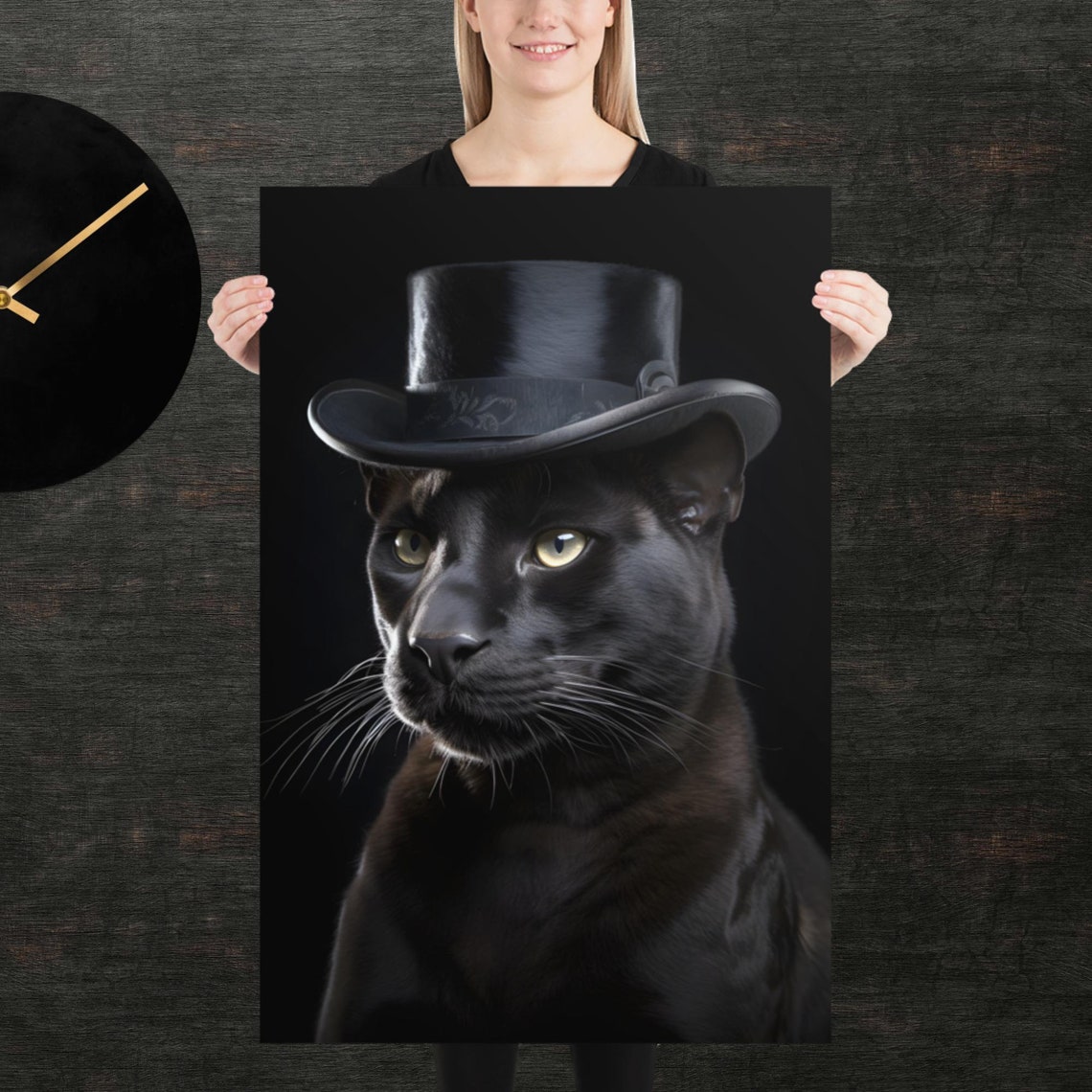 Sleek Black Panther Wearing Tophat Dramatic Formal Portrait Poster