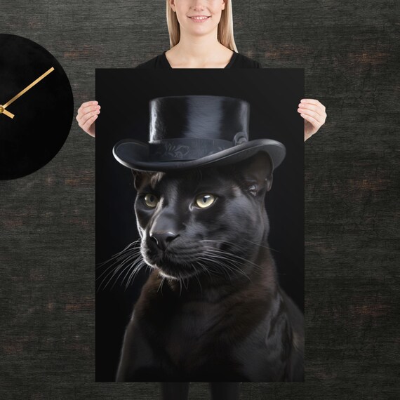 Sleek Black Panther Wearing Tophat Dramatic Formal Portrait Poster