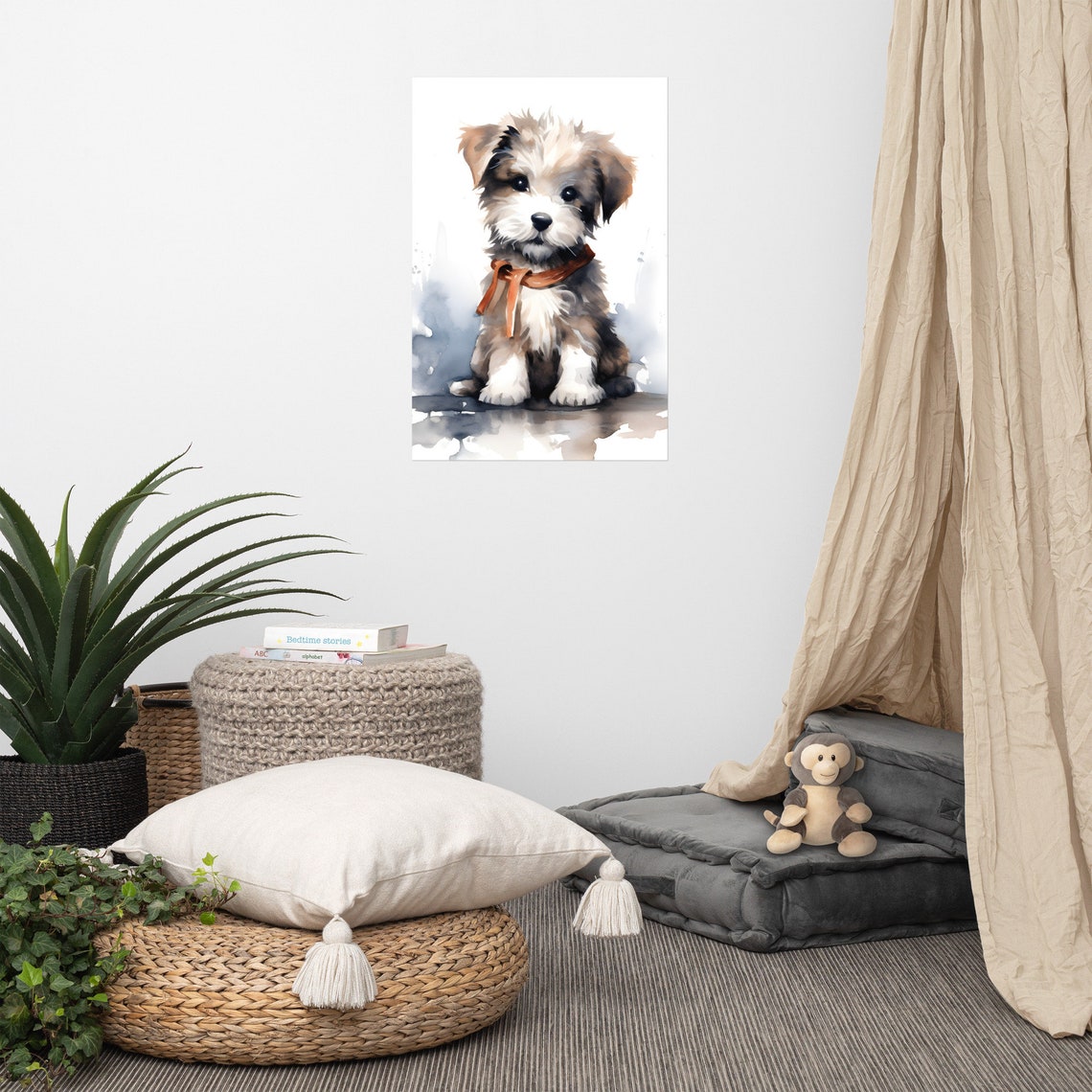 Cute Puppy Wearing Orange Bandana Watercolor Painting Poster