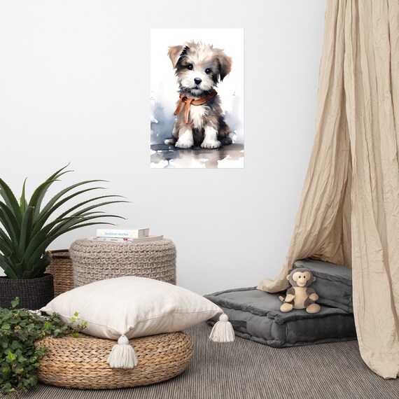 Cute Puppy Wearing Orange Bandana Watercolor Painting Poster