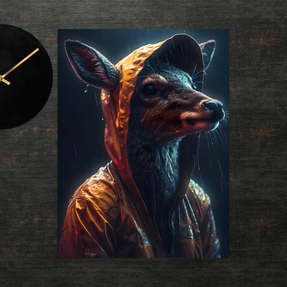 Deer In Raincoat Poster Art Wall Print Funny Animals Clothed Animal Cute