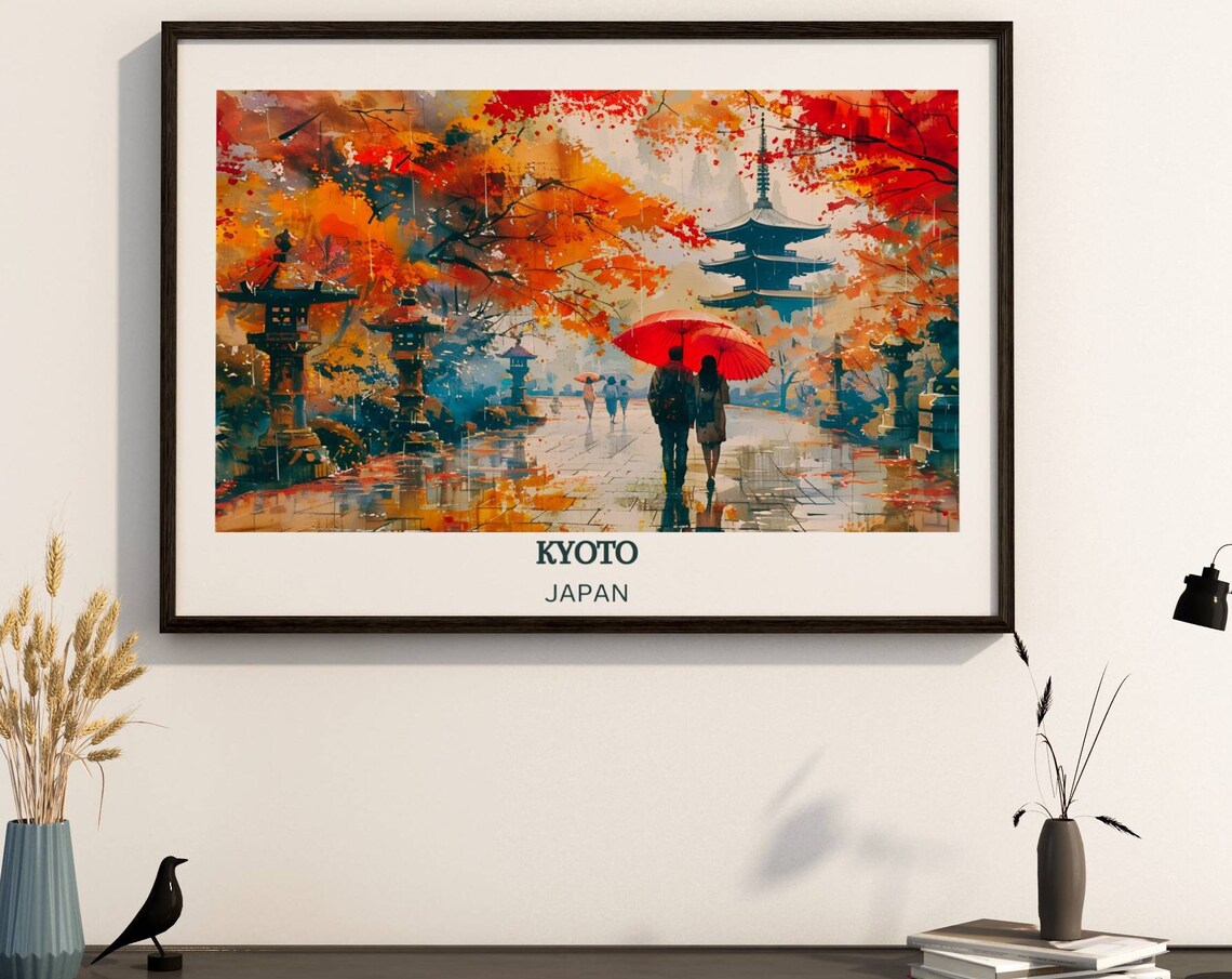 Kyoto Japan Autumn Watercolor Pagoda Red Maples Travel Poster