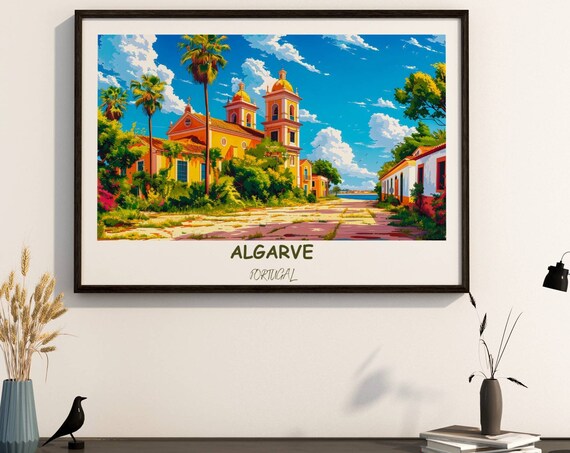 Algarve Portugal Yellow Church Palm Trees Square Vintage Travel Poster