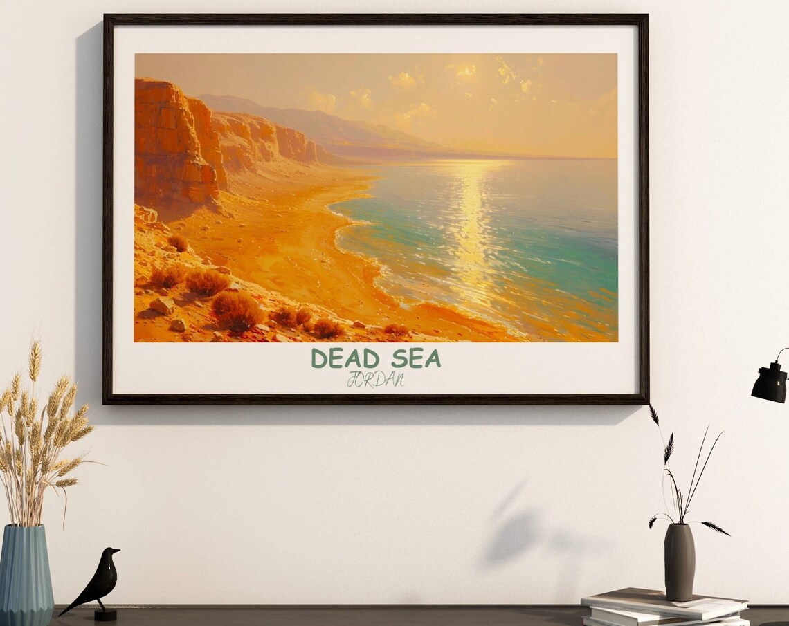 Dead Sea Golden Sunset Shoreline Cliffs Jordan Travel Poster