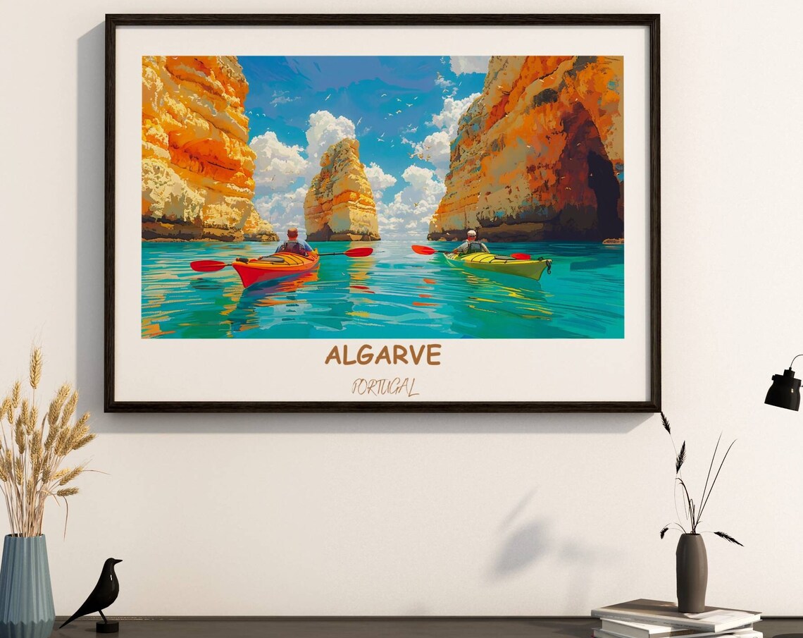 Algarve Portugal Kayaking Golden Cliffs Turquoise Water Travel Poster