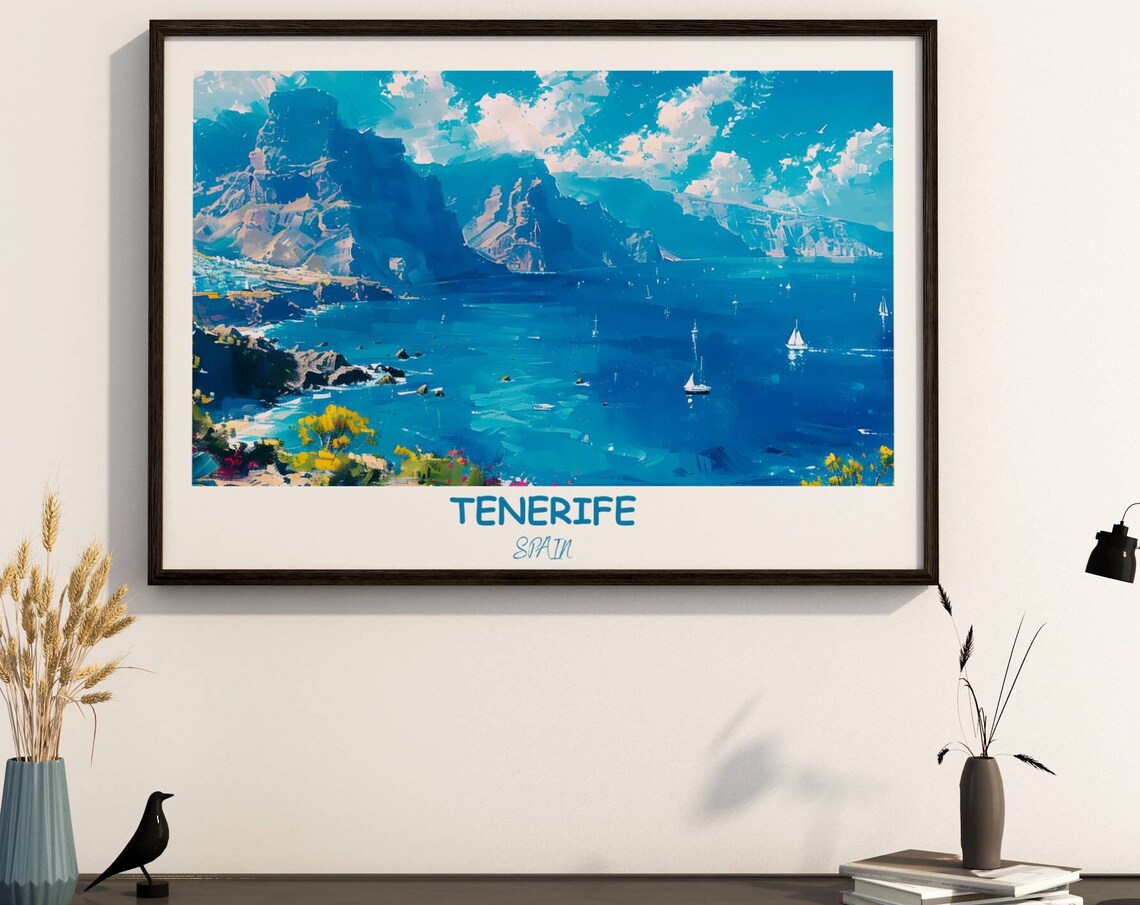 Los Gigantes Cliffs Over Blue Bay With Sailboats Tenerife Poster