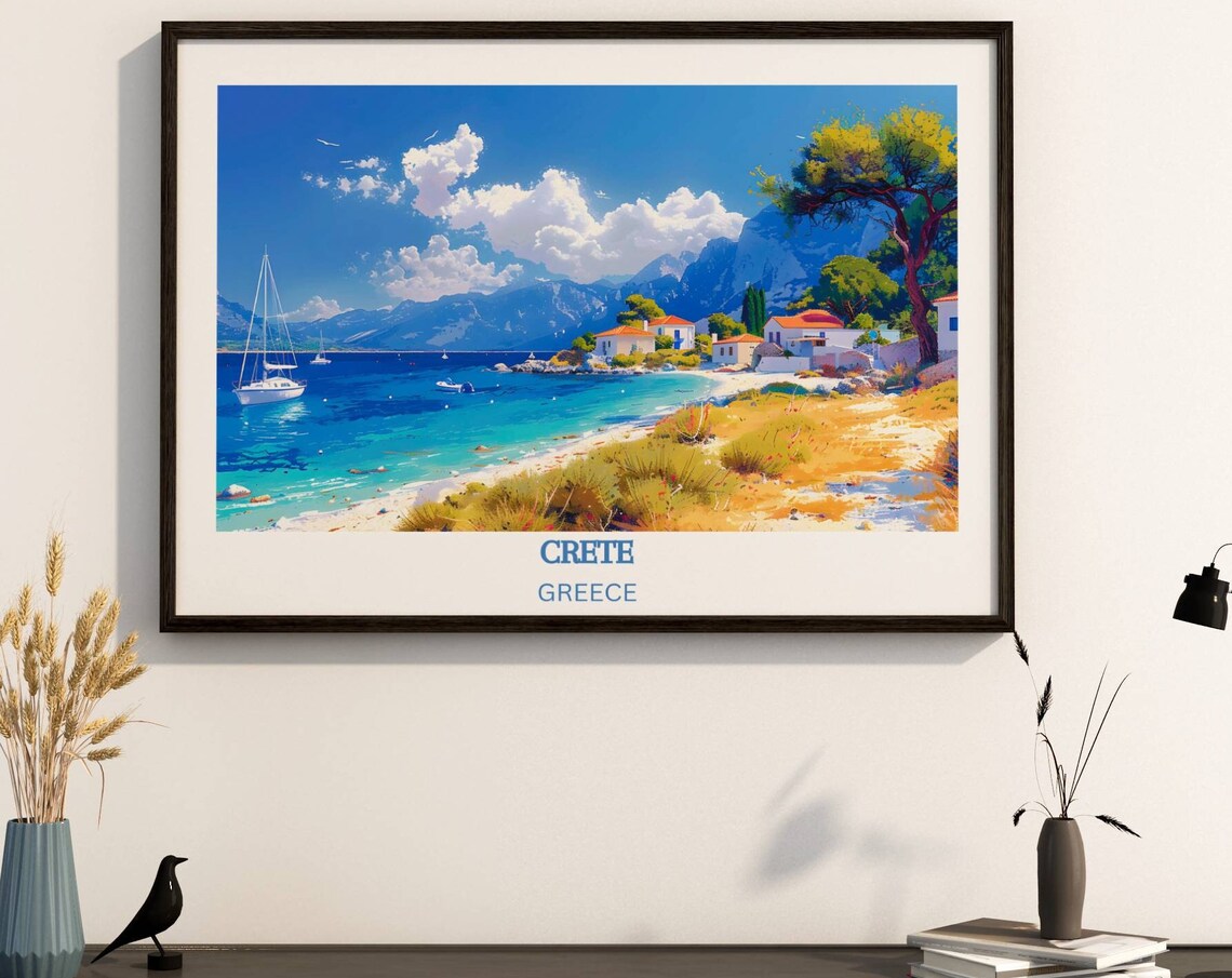 Crete Greece Coastal Village Sailboats Turquoise Sea Travel Poster