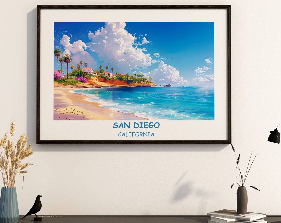 San Diego California Palm Beach Cliffs Summer Travel Poster Art