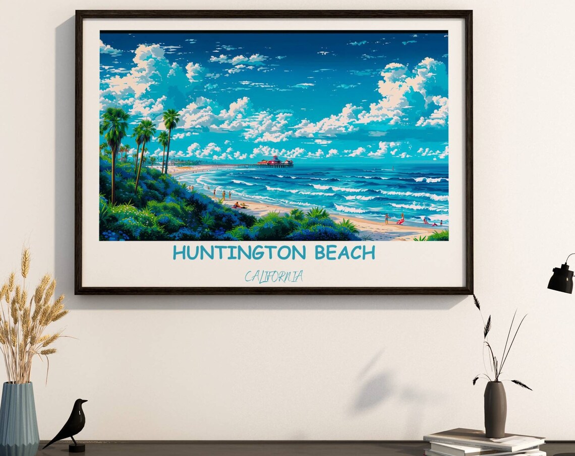 Huntington Beach California Pier Palms Aerial Coast Travel Poster