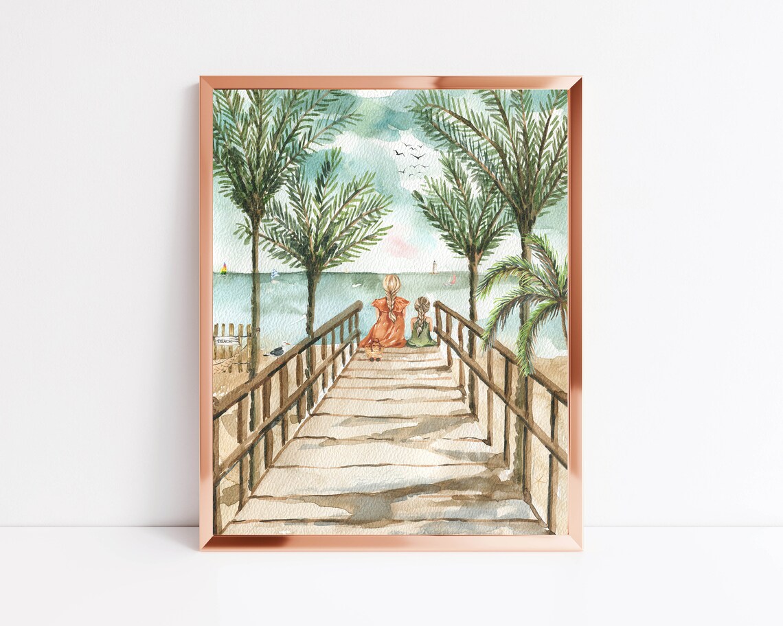 Girls On Boardwalk Palm Trees Beach Watercolor Seaside Wall Art - Image 2