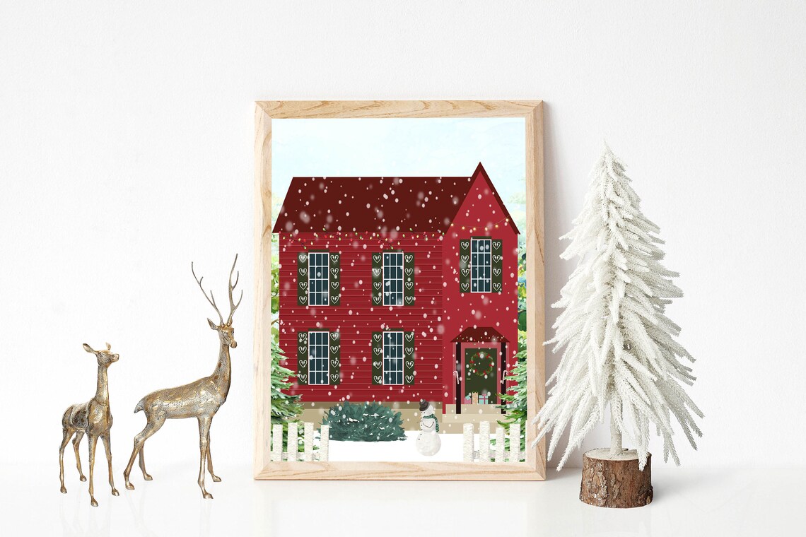 Cozy Red Farmhouse Christmas Snowy Night Scene Holiday Wall Art - Image 2