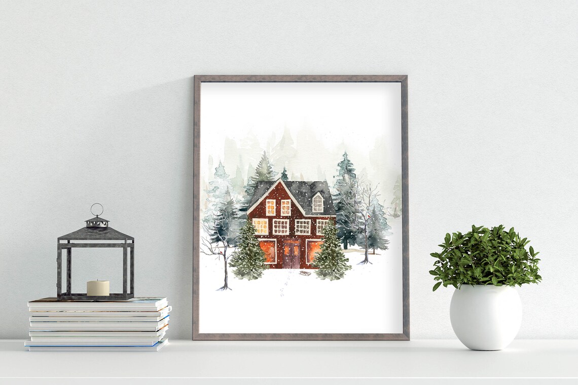 Red Winter House Glowing Windows Watercolor Snowy Christmas Scene Poster - Image 6